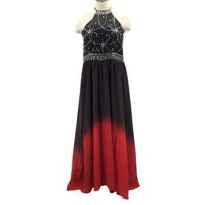 FORMAL PROM SZ 4 S red black tie dye beaded halter lace up maxi dress NEW B41